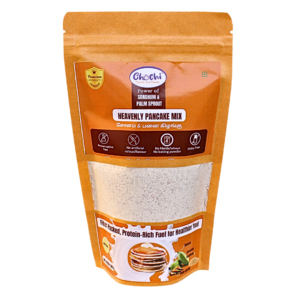 "Chochi’s Heavenly Pancake Mix – healthy gluten-free pancake mix made with Nendhram banana, sprouted jowar, palm sprout, and cardamom.