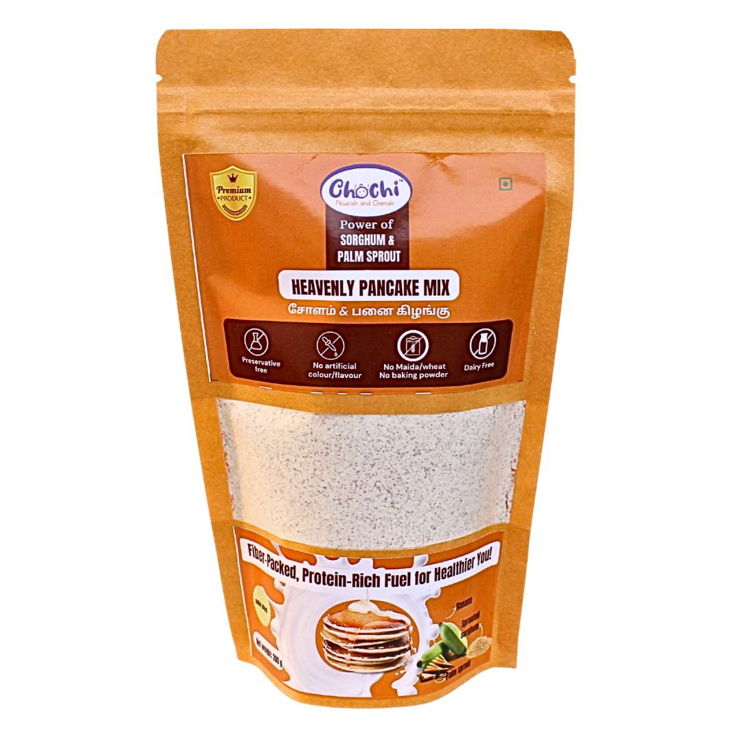1 "Chochi’s Heavenly Pancake Mix – healthy gluten-free pancake mix made with Nendhram banana, sprouted jowar, palm sprout, and cardamom.