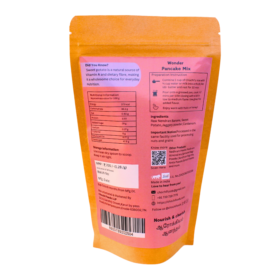 4 Chochi’s Wonder Pancake Mix – a Indias first healthy pancake mix -nutrition tested, 5-minute healthy pancake recipe made with raw Nendhram banana, sweet potato, and jaggery